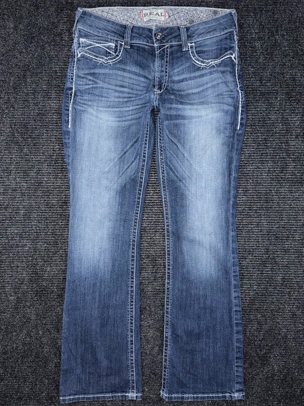 Ariat 32 R REAL Mid Rise Stretch Entwined Boot Cut Blue Jeans in Marine 10017510